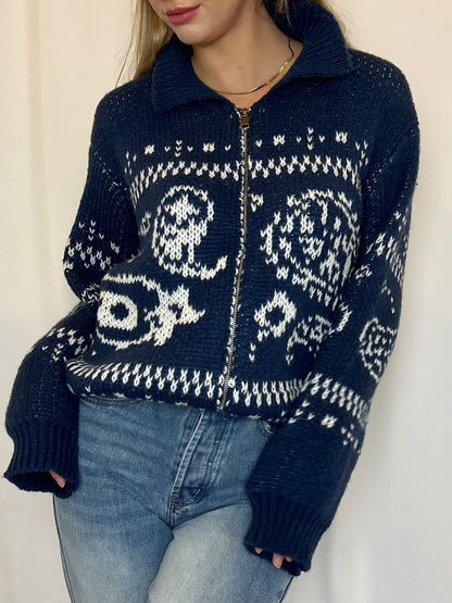 Paisley Zip-Up Sweater - Navy