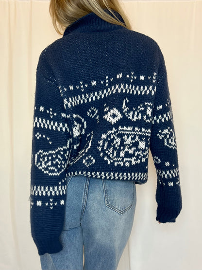 Paisley Zip-Up Sweater - Navy