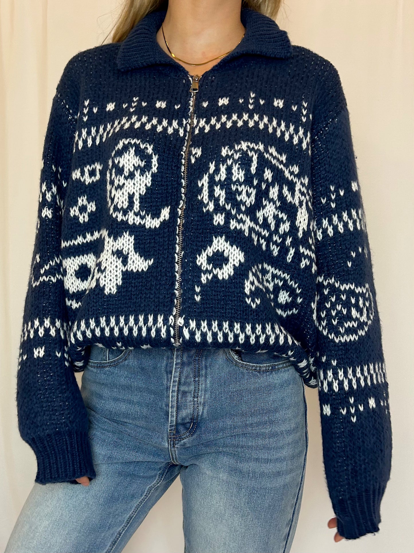 Paisley Zip-Up Sweater - Navy